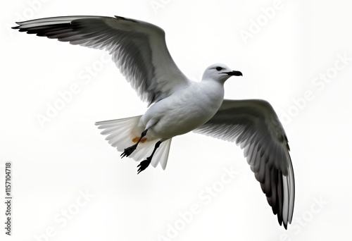 Majestic seagull soars freely in air. Bird spreads elegant wings gracefully against white sky. Wildlife photo captures animal beauty in flight. Seabird demonstrates vitality, freedom. Nature scene photo