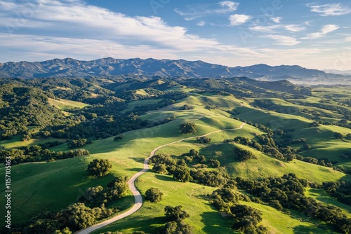 Rolling green hills stretch under a vast blue sky, dotted with fluffy clouds, evoking a serene and tranquil atmosphere in the heart of untouched countryside.