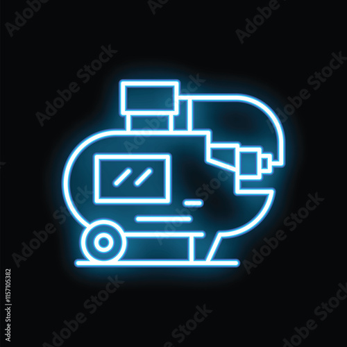 Blue neon sign illustrating an air compressor on a black background