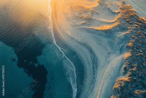 A captivating aerial view of the coastline during golden hour, where gentle waves meet intricate sandy patterns, reflecting the beauty of a tranquil evening at sea. photo