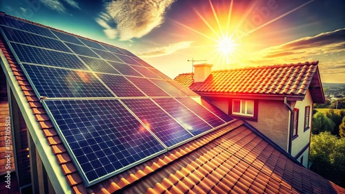 Vintage Sun Flare Photo: Solar Panels on Residential Roof photo