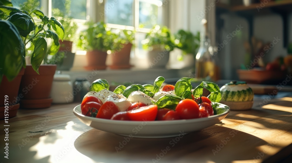 Fresh Basil and Tomato Salad with Mozzarella in Sunlit Kitchen Setting Fresh Basil and Tomato Salad with Mozzarella in Sunlit Kitchen Setting