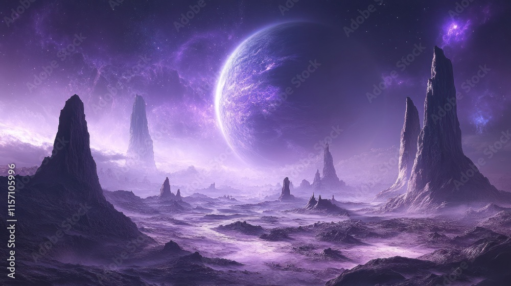 Fototapeta premium A barren alien world with sharp, towering rocks in the distance, framed by the massive silhouette of a planet, its atmosphere glowing in vibrant shades of purple and blue.