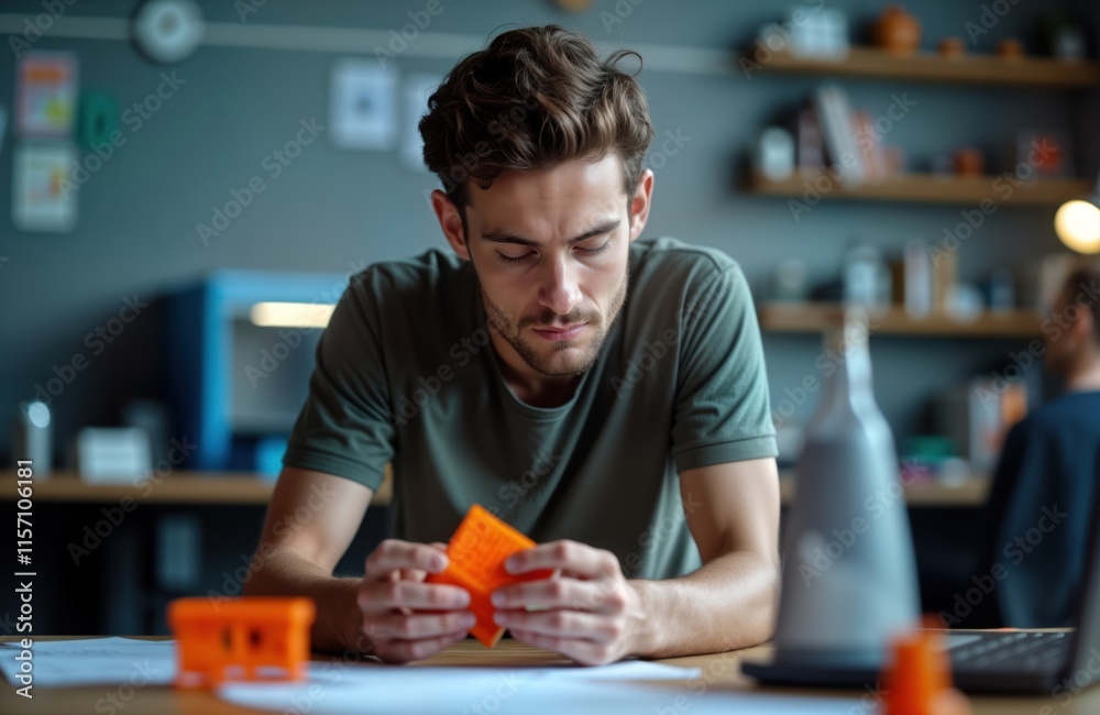 Fototapeta premium Young man studies 3D printed model in workshop. Examines details of prototype. Modern tech lab setting. Learning design, engineering concepts. Student works on project, likely in college university.