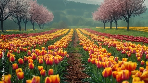 Wallpaper Mural Spring rainy day blooming sakura garden and in the field red yellow tulips, sakura trees in the distance sunlight. Torontodigital.ca