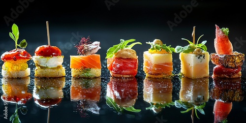 A modern arrangement of hors d'oeuvres with artistic plating on a glossy black background under professional lighting.
