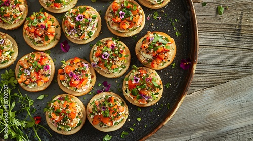 A top-down view of elegantly plated canapÃ©s with edible flowers, lit evenly in a studio setting for a refined look.