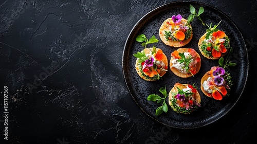 A top-down view of elegantly plated canapÃ©s with edible flowers, lit evenly in a studio setting for a refined look.