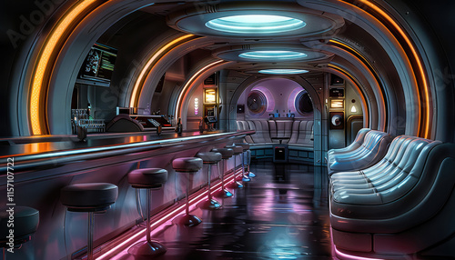 Fototapeta Naklejka Na Ścianę i Meble -  Interior design of a classy bar on a space station, sci fi, futuristic, 80's retro futurism, dark, lighting.