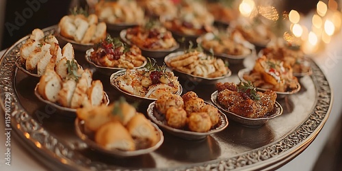 A visually stunning assortment of appetizers on a metallic tray, with soft lighting highlighting the intricate details.