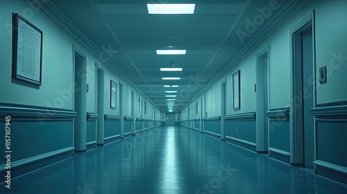 A dimly lit hospital corridor with closed doors and a reflective floor.