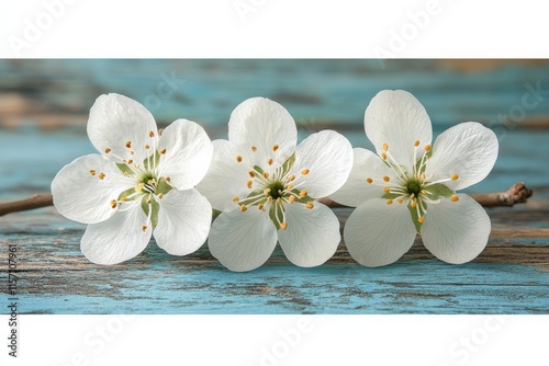 A stunning visual of white blossoms finely arranged on a turquoise wooden background, emphasizing their purity and elegance while providing a striking color contrast. photo