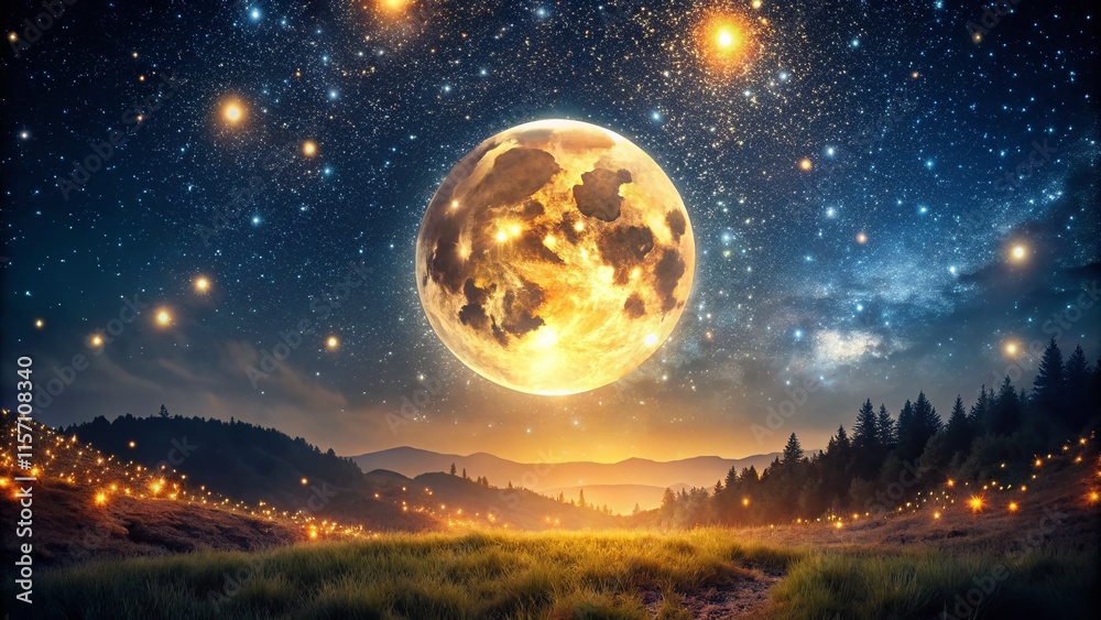 Fototapeta premium Warmly Glowing Full Moon Night Sky with Twinkling Stars - Mystical Celestial Landscape