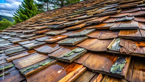 Water Damaged Roof: Severe Leak and Structural Damage Stock Photo