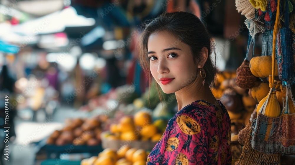 A young woman smiles at the market filled with fresh fruits and vibrant colors. A lively atmosphere captures her joy and connection.