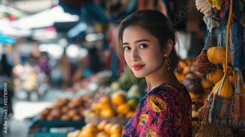 A young woman smiles at the market filled with fresh fruits and vibrant colors. A lively atmosphere captures her joy and connection.