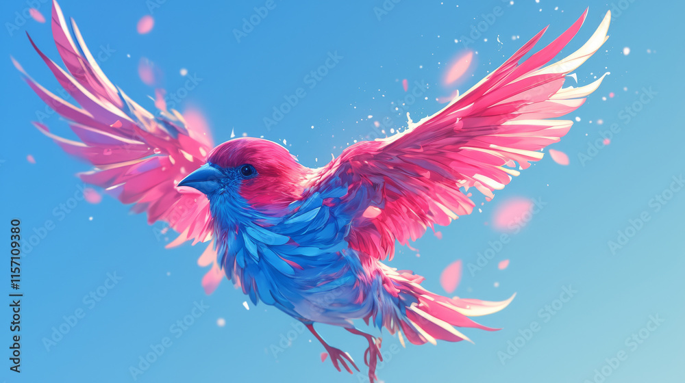 simple, A vibrant pink and blue bird with outstretched wings soaring through the clear sky. The focus is on the bird's face, a realistic illustration. simple, A vibrant pink and blue bird with outstretched wings soaring through the clear sky. The focus is on the bird's face, a realistic illustration.