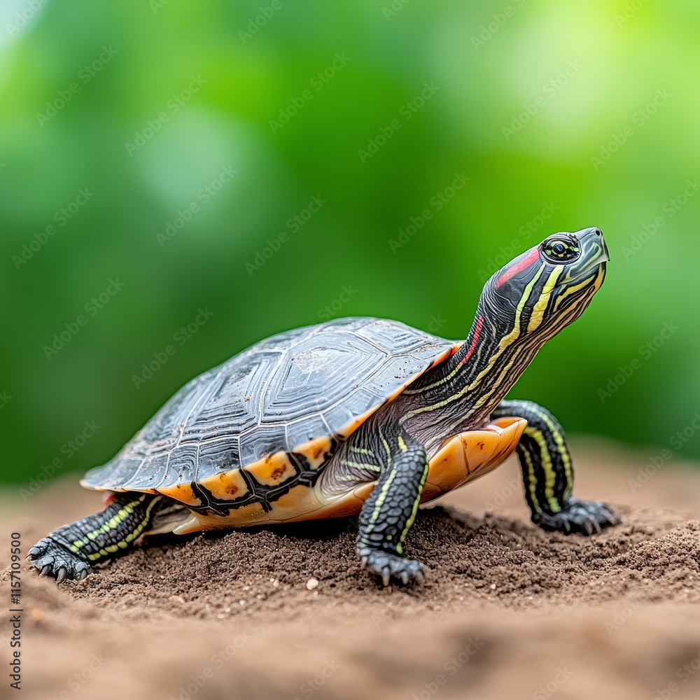 A detailed shot of a vibrant turtle on a sandy backdrop, highlighting its detailed shell designs and bright markings, perfect for educational resources, wildlife conservation efforts, or pet care A detailed shot of a vibrant turtle on a sandy backdrop, highlighting its detailed shell designs and bright markings, perfect for educational resources, wildlife conservation efforts, or pet care