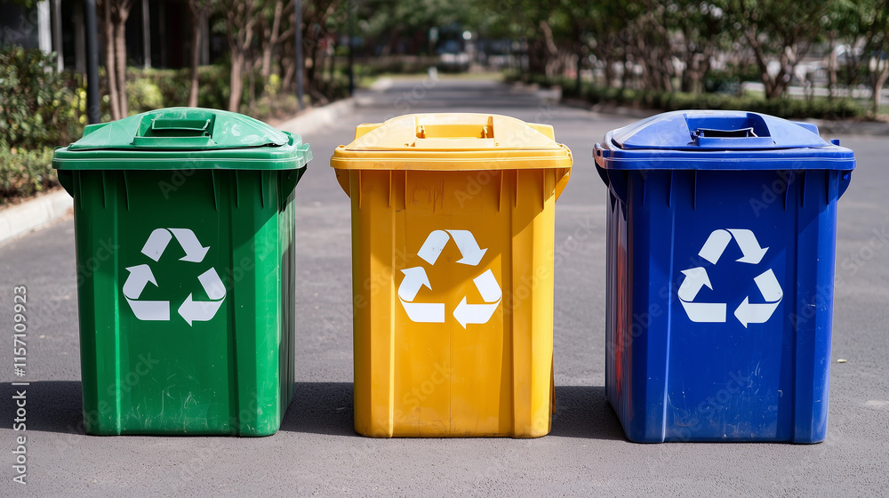 Green, yellow, and blue recycling bins with symbols outdoors Green, yellow, and blue recycling bins with symbols outdoors