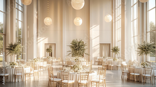 A pure modern event hall, featuring a spacious layout with clean lines and minimalist decor. Incorporate sleek round tables, comfortable modern seating, with elegant pendant lighting.