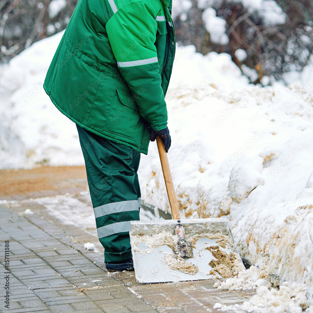 Φωτογραφία Utility worker with snow shovel in action shoveling snow from slippery sidewalk in winter day after snowstorm to ensure pedestrian safety