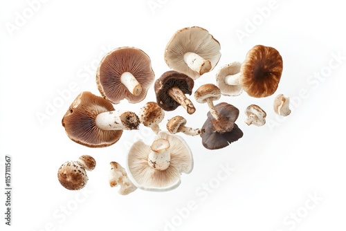 A diverse collection of mushrooms captured against a pristine white background, showcasing their unique shapes and textures in striking detail and clarity. photo