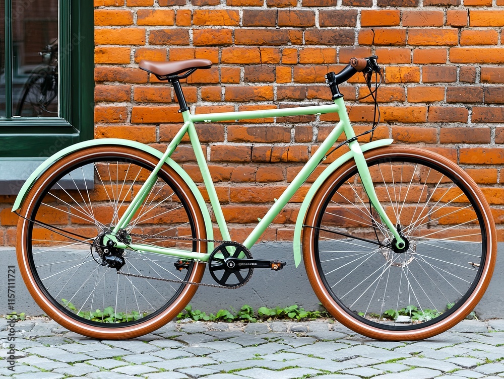 Capture the essence of an urban cycling adventure on city streets, showcasing a bicycle lifestyle amidst autumn scenery, with a low angle perspective that promotes eco-friendly transport.