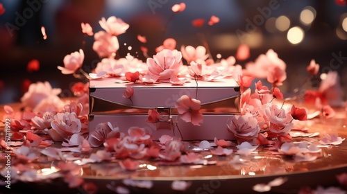 A 3D podium display in background in Red, surprise, open gift box. Rose flower falling petals. Luxury cosmetic product presentating of Abstract, love photo