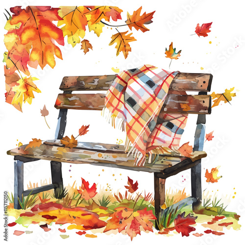 A watercolor vector of a wooden bench surrounded by fall foliage with a plaid blanket, isolated on a white background. Fall foliage vector.
