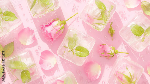 simple, The rose petals and green leaves in the ice cubes form beautiful patterns, and there is some water droplets on them. photo