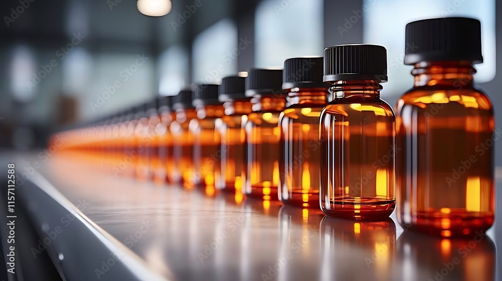 Amber glass bottles on a conveyor belt in a pharmaceutical factory.