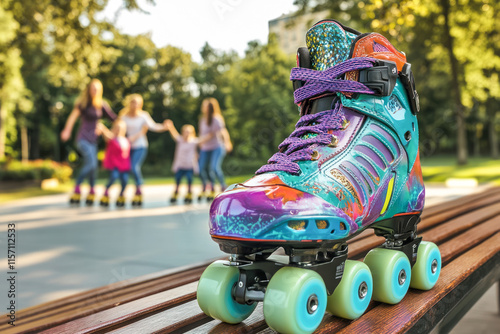 Colorful roller skate on bench in park with blurred group in background