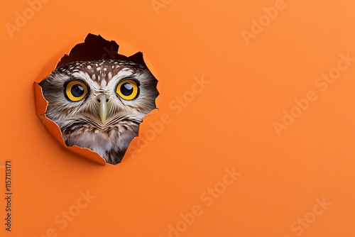 A startled owl set against a vivid orange backdrop - ideal for nature enthusiasts and bird lovers, featuring ample space for creative and educational projects. photo