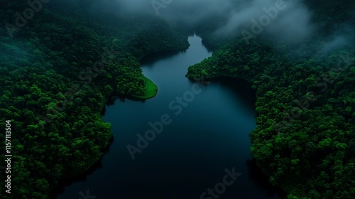 Wallpaper Mural Aerial view of a misty river cutting through lush green forest. Torontodigital.ca