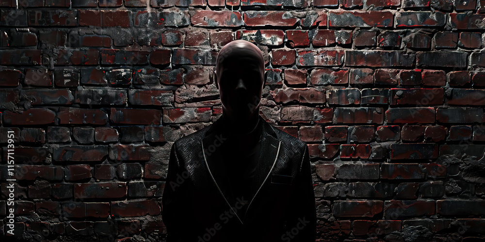 Naklejka premium Silhouetted Man Against Dark Brick Wall