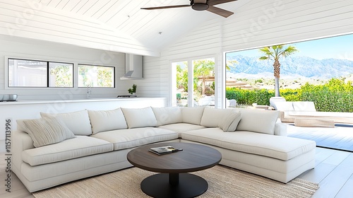 Modern Sectional Sofa in White Minimalist Living Room with Mountain View