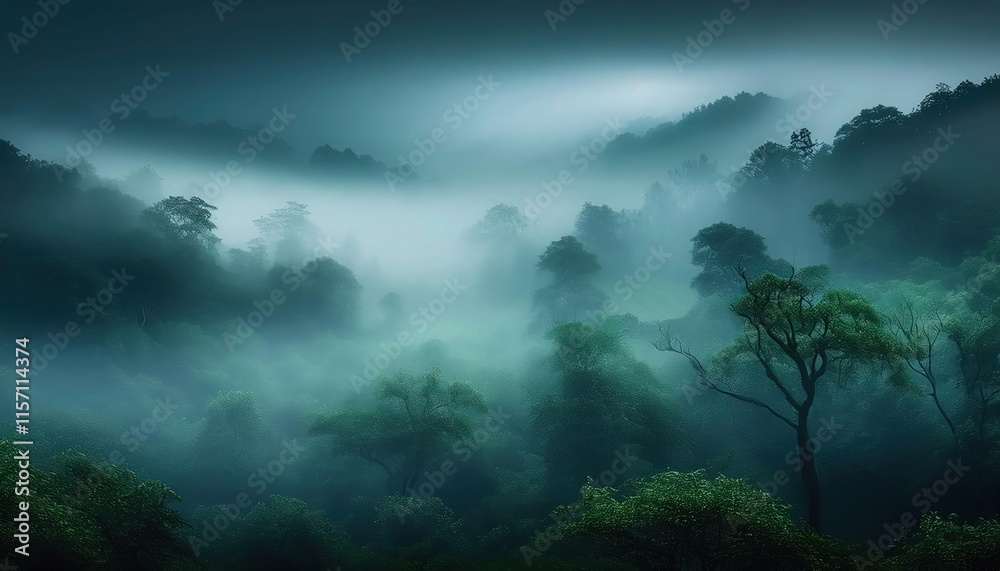 Sinister Misty Forest Cloaked in Dense Fog, Hiding Hidden Dangers Sinister Misty Forest Cloaked in Dense Fog, Hiding Hidden Dangers