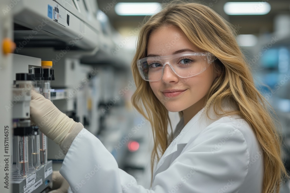 Fototapeta premium A young female scientist wearing protective gear is intently conducting research in a modern laboratory, focusing on her work amidst advanced equipment.