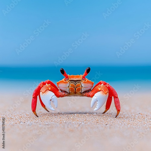 A detailed shot of a crab on a sandy beach, highlighting its intricate features and vivid colors. This image is perfect for marine life articles, nature blogs, or culinary projects centered on photo