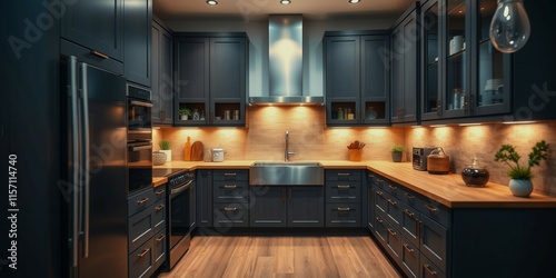 A kitchen with a black color theme and a modern design. The kitchen has a sink, a stove, a microwave, and a refrigerator. The countertops are made of granite