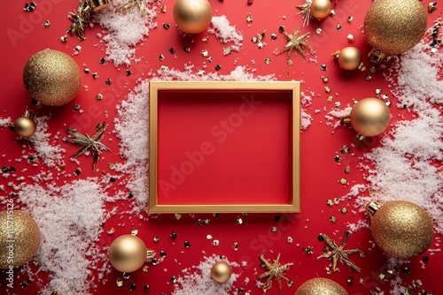 Gold baubles and star-shaped ornaments adorned with faux snow flakes on a rich red background create a luxurious and festive arrangement for seasonal decor. photo