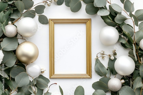 A minimalistic gold frame artistically bordered by green eucalyptus leaves and sleek silver ornaments, creating a sophisticated and fresh scene. photo