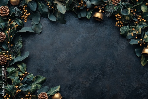 Wallpaper Mural A rustic wreath decorated with pinecones, holly, and golden bells, set against a dark textured background, invoking a feeling of traditional holiday warmth. Torontodigital.ca