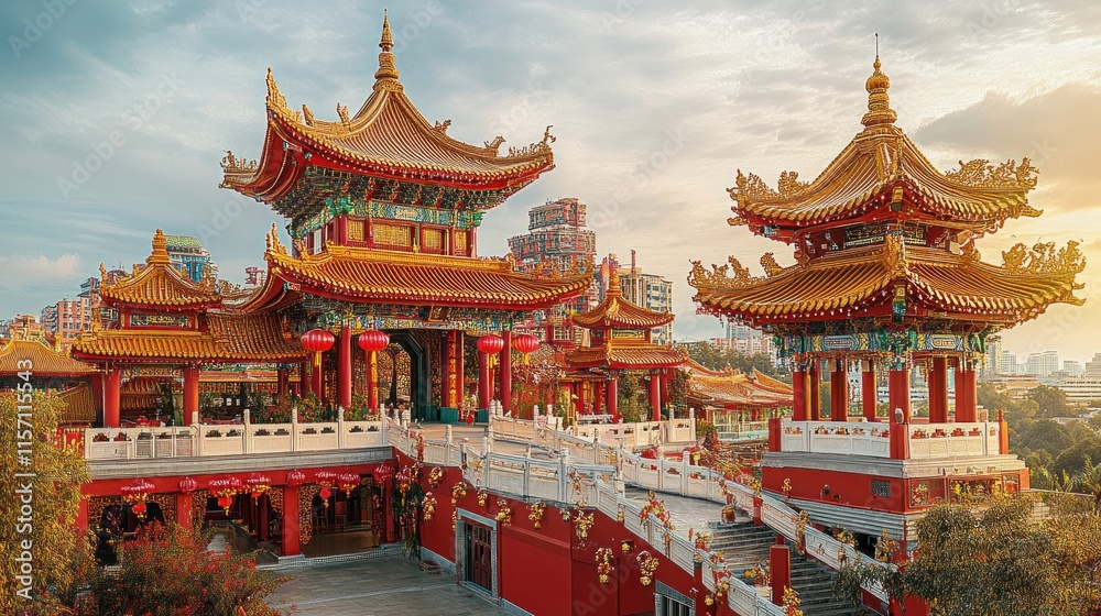 Golden sunset illuminates ornate Chinese temple complex. Golden sunset illuminates ornate Chinese temple complex.