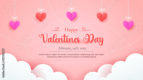 Valentine's Day design featuring paper-cut clouds and love-themed origami decorations.