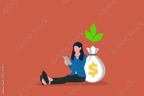 Business woman confidently sitting side of money plant, concept of  wealth and financial success. Idea for investor, investment, business tycoon