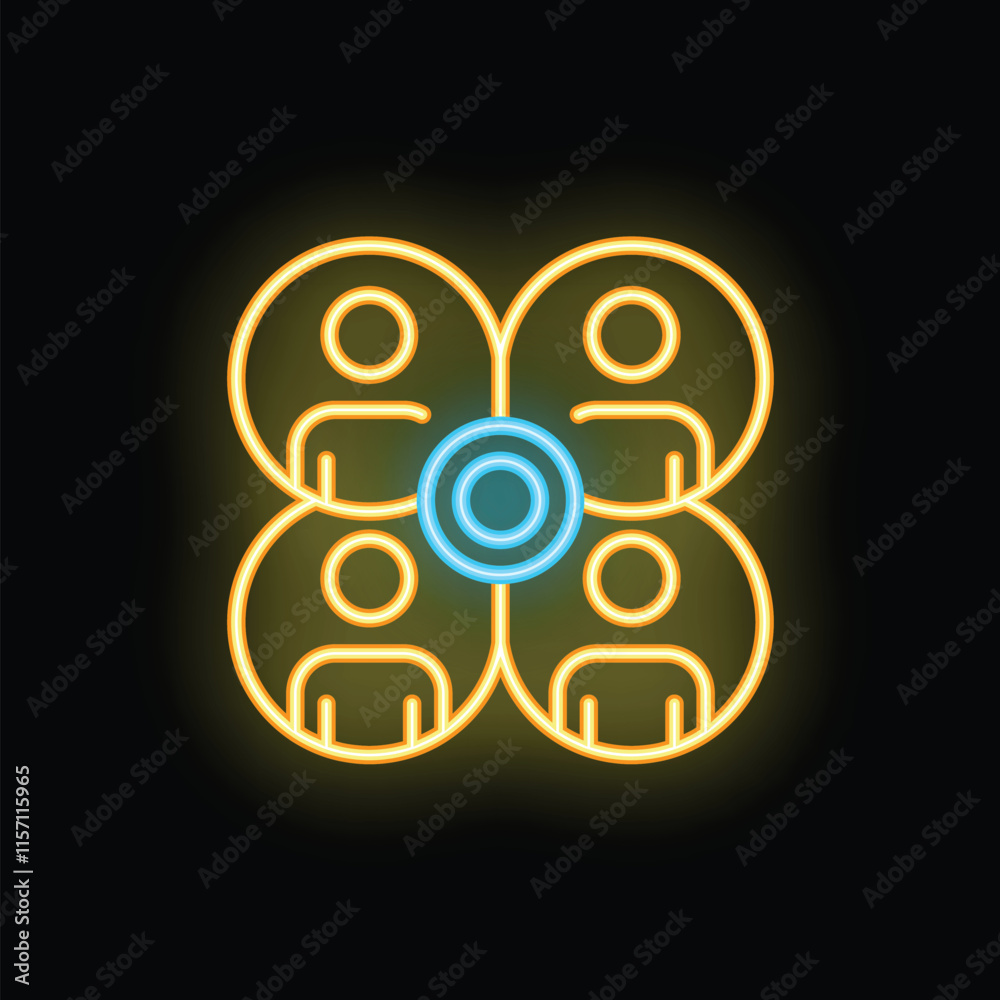 Neon sign representing a network of four people exchanging information, ideal for illustrating concepts such as teamwork and communication Neon sign representing a network of four people exchanging information, ideal for illustrating concepts such as teamwork and communication