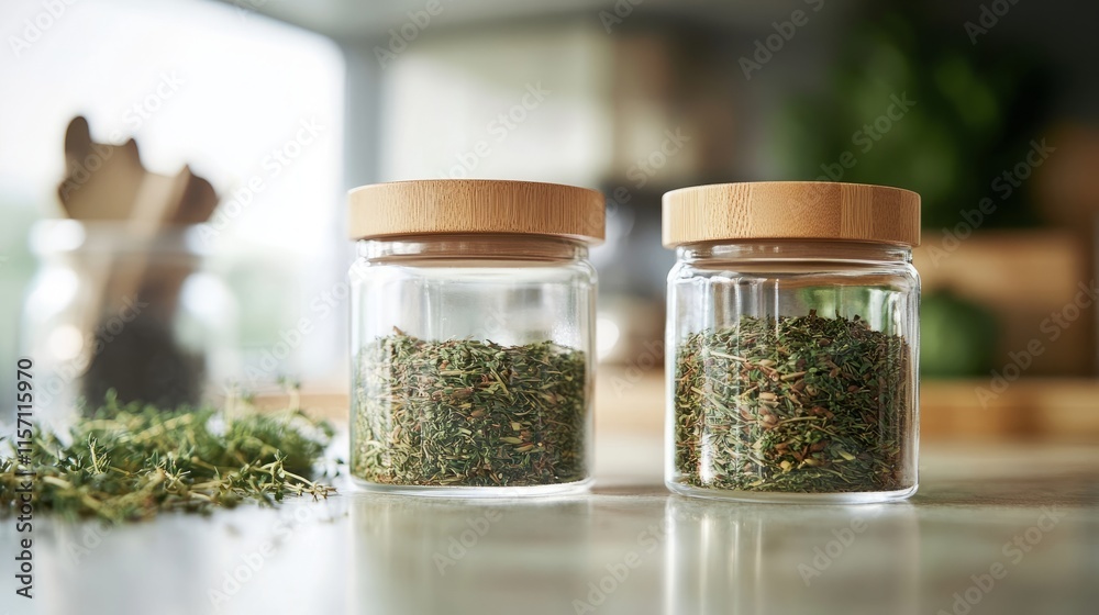 Close-up of glass jars with wooden lids, placed on a kitchen counter with dried herbs and soft natural lighting Close-up of glass jars with wooden lids, placed on a kitchen counter with dried herbs and soft natural lighting
