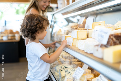 A charming market scene where a child curiously examines various types of cheese displayed in a glass case, highlighting culinary exploration and joy in discovery. photo