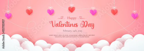 Valentine's Day design featuring paper-cut clouds and love-themed origami decorations.